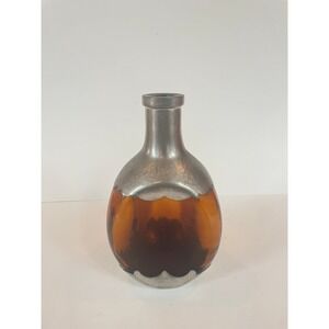 Vintage Amber Glass Decanter Hammered Metal Overlay Scalloped Bottle Brutalist